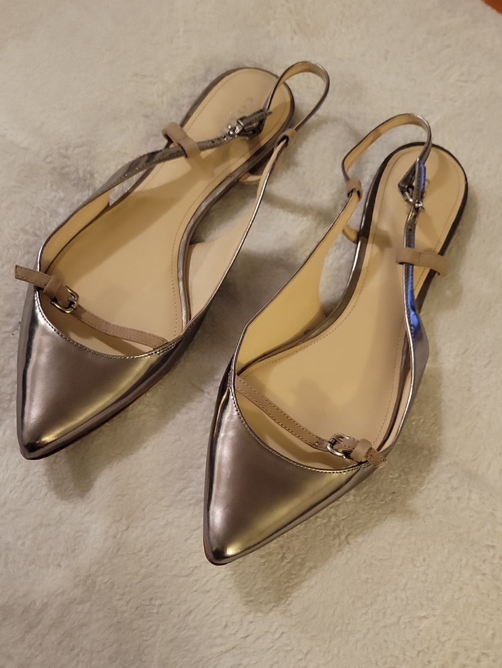 Coach Metallic Silver Pointed-Toe Slingback Flats
